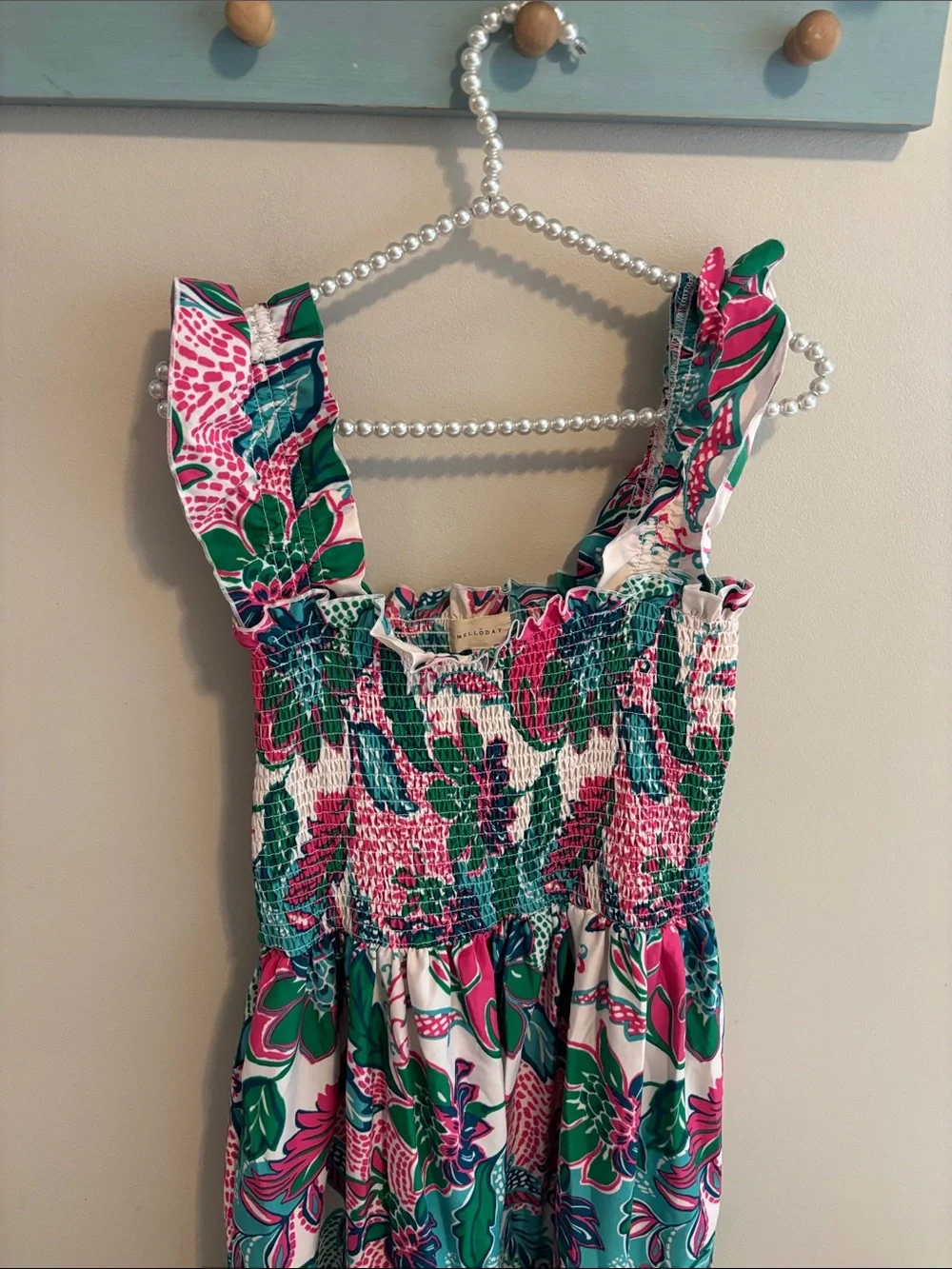 MELLODAY Smocked Tiered Maxi Dress M Medium Pink Blue Floral Ruffle Cap Sleeve